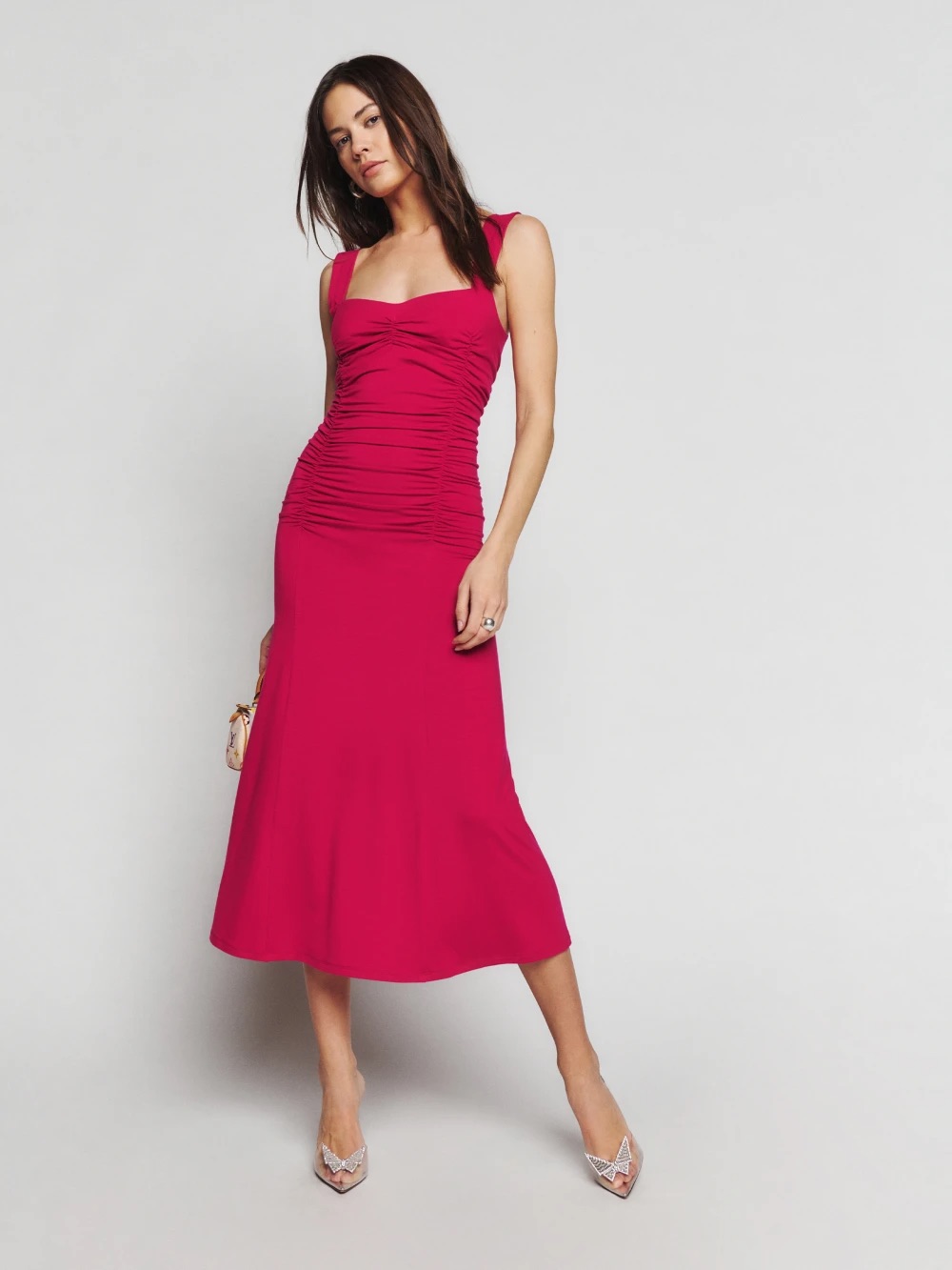 Reformation Ruched Midi Dress In Fuchsia